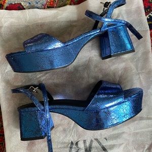 Blue Metallic Zara Platform Block Heel Sandal Size 38